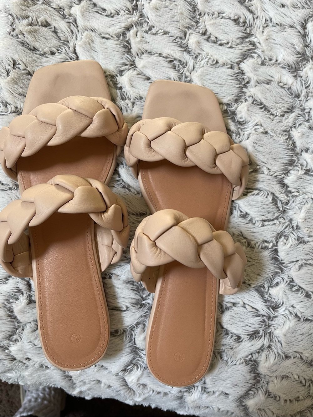 Braided Double-Strap Square Toe Slide Sandals - Nude